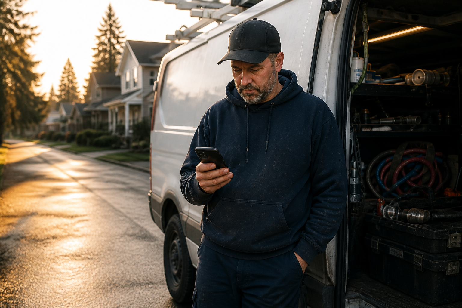 A solo plumber checking a customer reply beside his work van